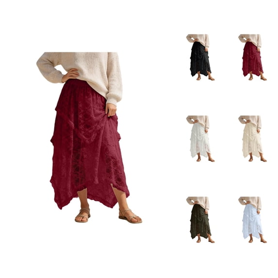 Lace Midi Skirts for Women Boho Lace Asymmetrical Hem Flowy Skirt Summer Beach Cover Up