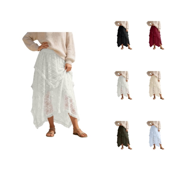 Lace Midi Skirts for Women Boho Lace Asymmetrical Hem Flowy Skirt Summer Beach Cover Up