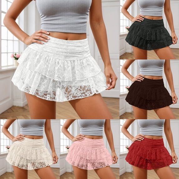 Lace Mini Skirt for Women Layered Tiered Ruffle Skirt Flowy Party A Line Hight Waisted Ruffle Skirt Skort Red S