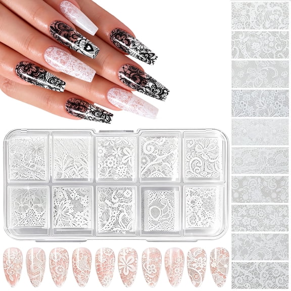 Lace Nail Foil, White and Black Nail Transfer Foil Stickers, Holographic Foils for DIY Acrylic Nails, 10 Rolls Nail Lace
