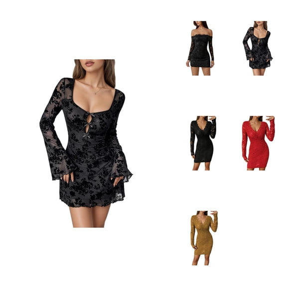 Lace Off-Shoulder Long Sleeve Bodycon Mini Dress for Women – Slimming Elegant Y2K Casual Party Night Out Birthday Fall Dress