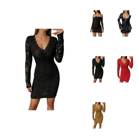 Lace Off-Shoulder Long Sleeve Bodycon Mini Dress for Women – Slimming Elegant Y2K Casual Party Night Out Birthday Fall Dress