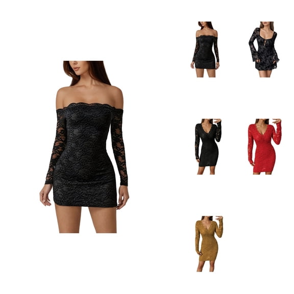 Lace Off-Shoulder Long Sleeve Bodycon Mini Dress for Women – Slimming Elegant Y2K Casual Party Night Out Birthday Fall Dress