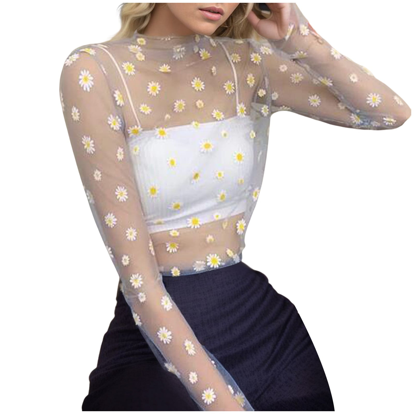 Lace Overlay Sheer Sun Protection Blouse for Women 2024 Going Out Loose