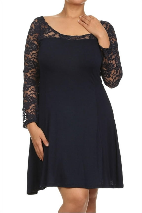 Lace Panel Stretch Rayon Flare Dress Scoop Neck (1X, Navy)
