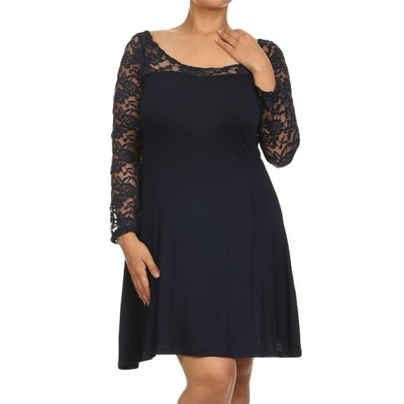 Lace Panel Stretch Rayon Flare Dress Scoop Neck (3X, Navy)
