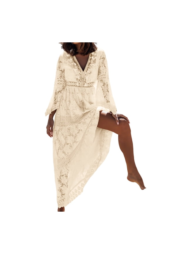 Lace Paneling Fringe Flared Dress - Elastic Polyester, Empire Waist - Casual/Elegant - S-XL