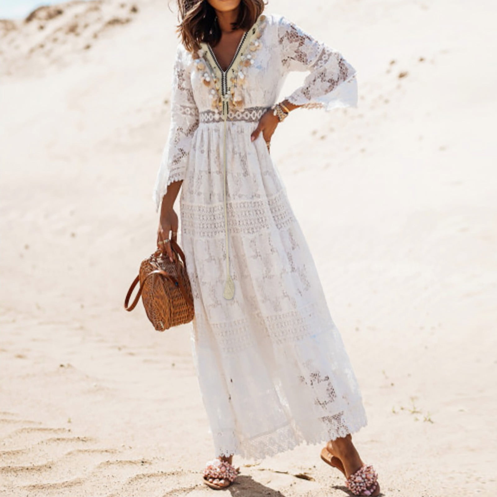 boho fringe lace dress Loretta, Fringe Wedding Dress, Boho Wedding Dress, Lace Wedding Dress, Boho  Lace Dress, Bell Sleeve Wedding Dress, Tassel Wedding Dress