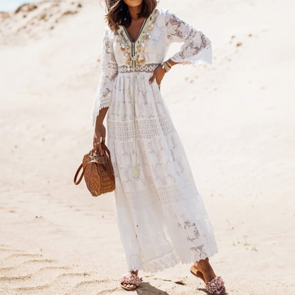 Lace Paneling Lace Fringe Flared Dress With Large Swing plus Size Dress Tunics Dress for Women Casual Summer Dresses with Sleeves Big Dress Dress Women Casual Summer Summer Dresses for Teen Girls