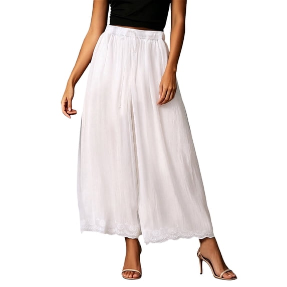 Lace Pants for Women Elegant Balloon Pants High Waisted Drawstring Wide Leg Pants 2026 Casual Summer Beach Lounge Outfits(C-White,XL)