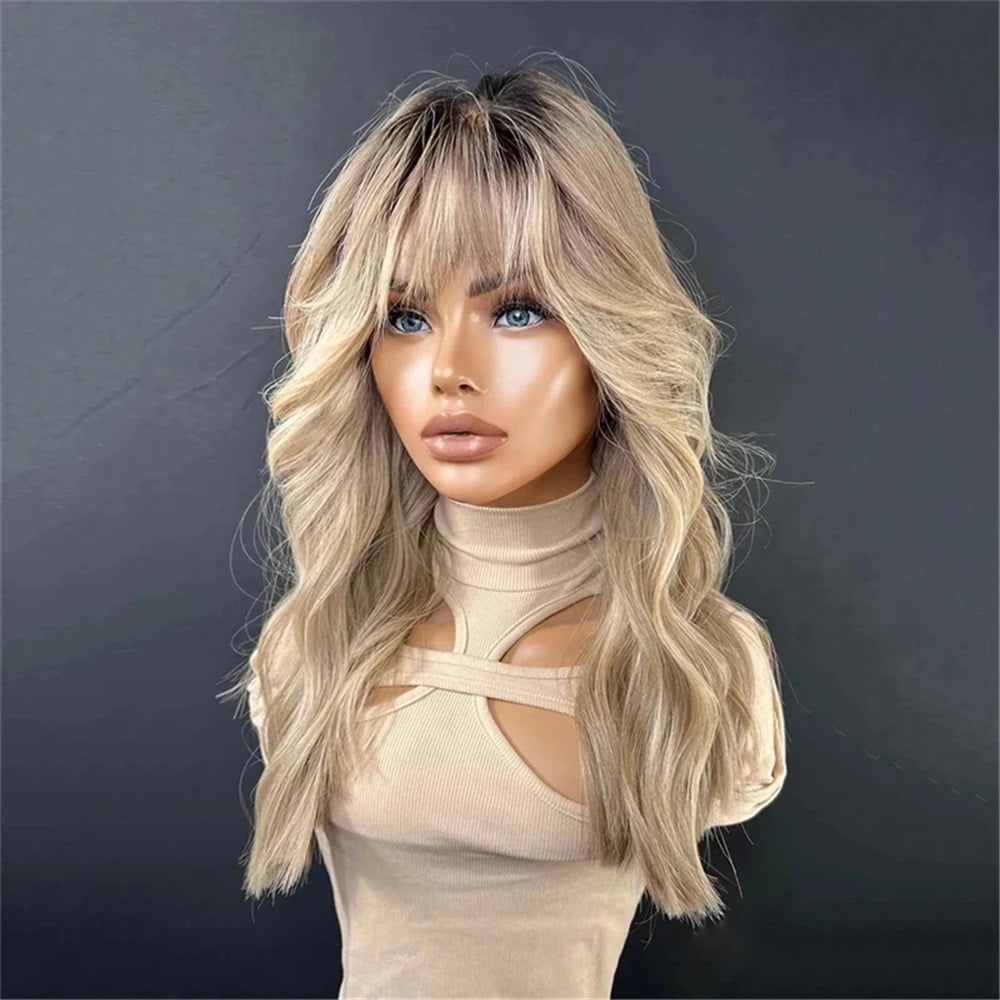 Lace Part Wigs for Women Ombre Ash Honey Blonde Colored Glueless Wigs with Bangs Wig Synthetic