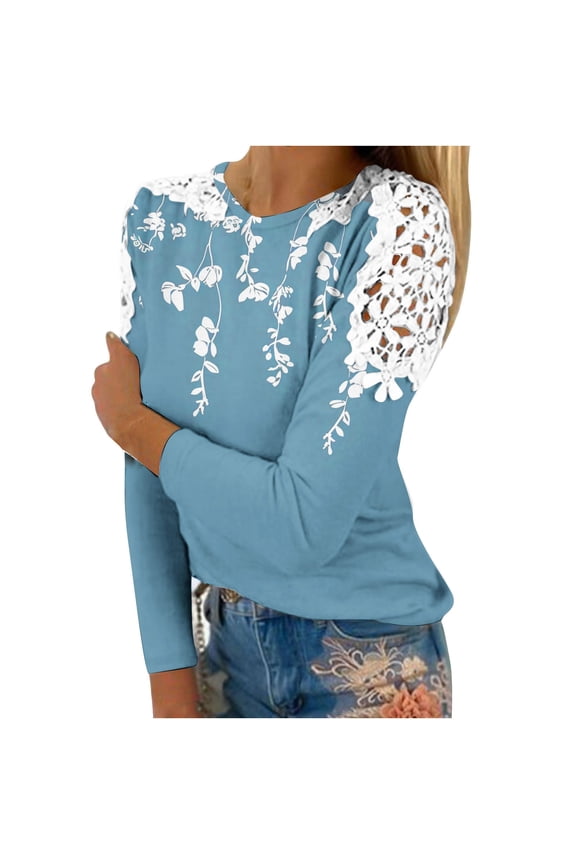 Lace Patchwork Floral Crochet Tops for Women Long Sleeve Crewneck Cut Out T-Shirts Dressy Casual Work Pullover Tunics