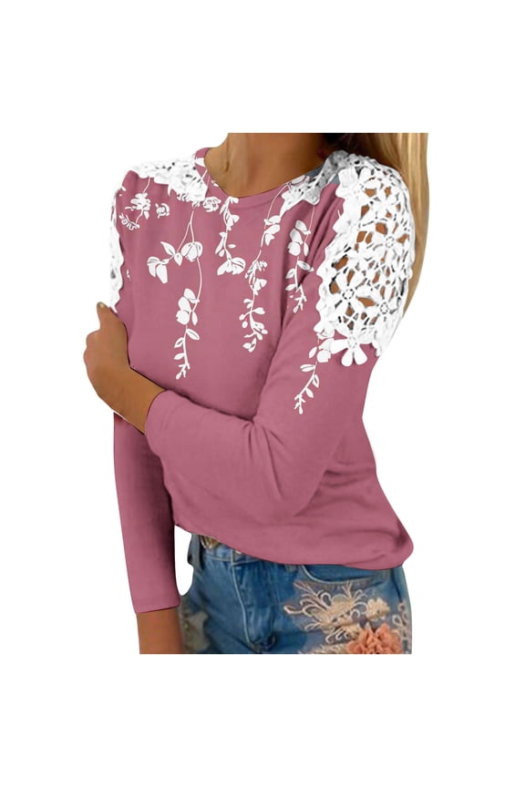 Lace Patchwork Floral Crochet Tops for Women Long Sleeve Crewneck Cut Out T-Shirts Dressy Casual Work Pullover Tunics