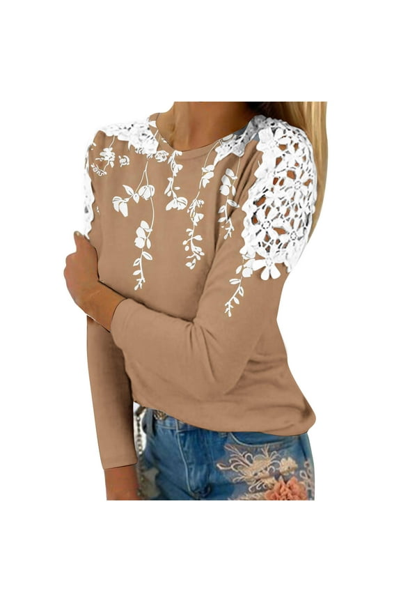Lace Patchwork Floral Crochet Tops for Women Long Sleeve Crewneck Cut Out T-Shirts Dressy Casual Work Pullover Tunics