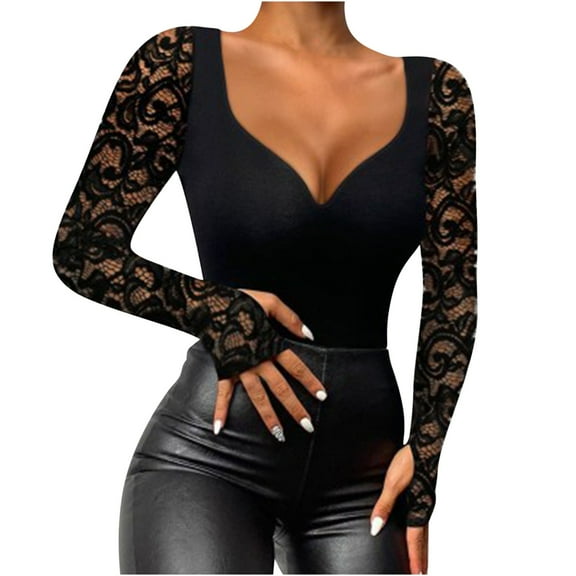 Lace Patchwork Long Sleeve for Women Hollow Out V Neck Slim Fit Tunic Shirts Pullover T-Shirt Trendy Blouses Black,L