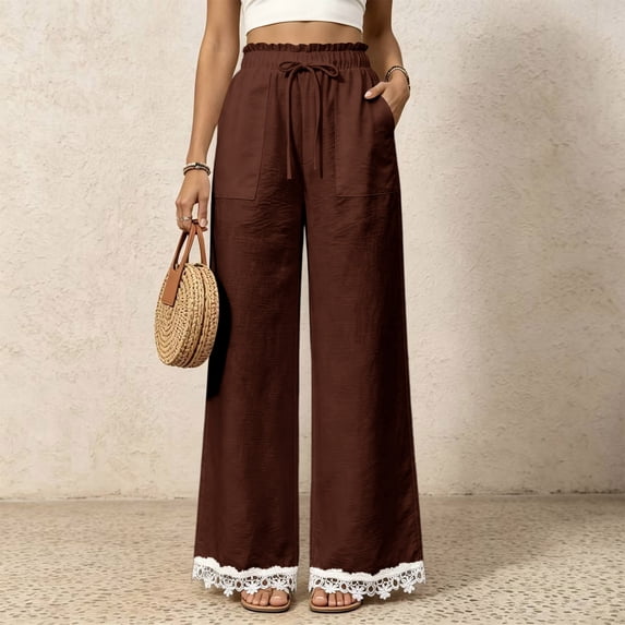 Lace Patchwork Pants for Women Elastic High Waist Drawstring Wide Leg Pants Causal Loose Palazzo Pants, 2XL