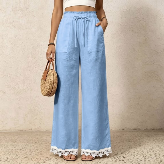 Lace Patchwork Pants for Women Elastic High Waist Drawstring Wide Leg Pants Causal Loose Palazzo Pants, S