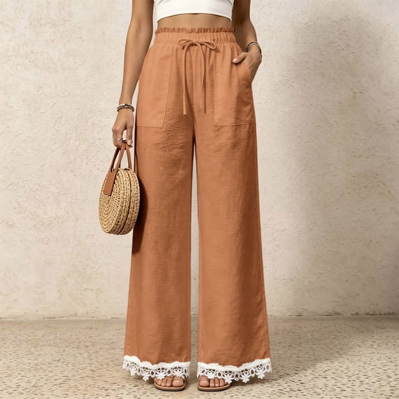 Lace Patchwork Pants for Women Elastic High Waist Drawstring Wide Leg Pants Causal Loose Palazzo Pants, S
