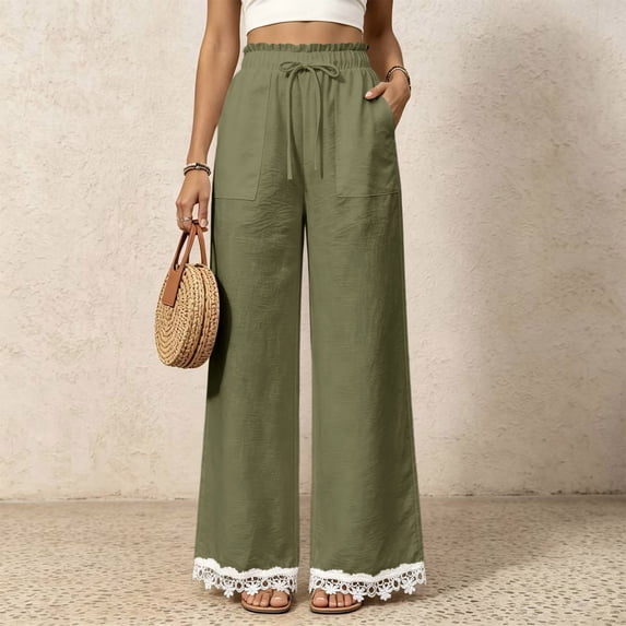 Lace Patchwork Pants for Women Elastic High Waist Drawstring Wide Leg Pants Causal Loose Palazzo Pants, XL