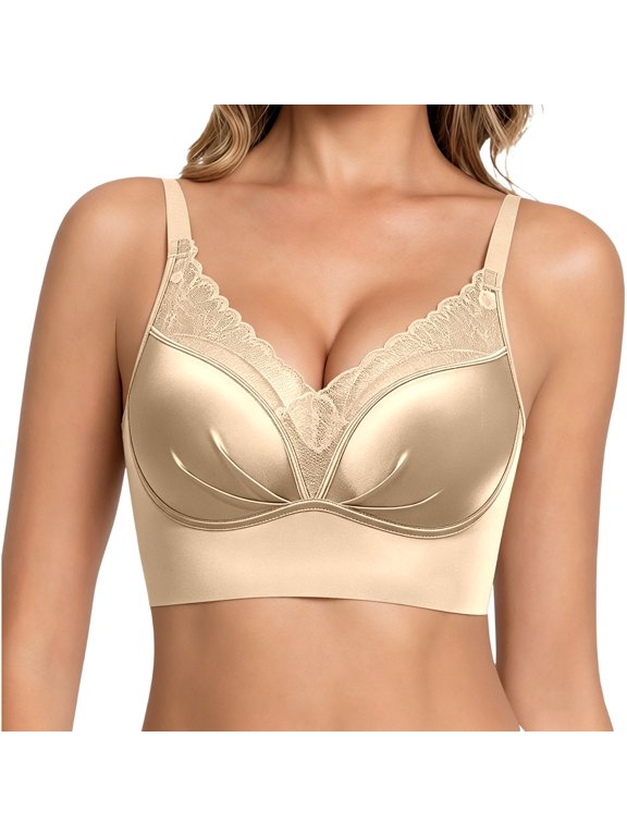 Lace Patchwork Push Up Racerback Bra Adjustable Straps Wirefree Seamless Comfort Fit, XXL, Khaki