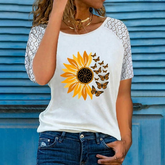 Lace Patchwork Short Sleeve Top Floral Print Blouses For Women Women'S Fashion Crewneck Printed Short Sleeve T-Shirt Casual Loose Shirt Tops Yellow M
