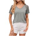 thumbnail image 1 of Lace Patchwork Short Sleeve V Neck Tops for Women Tunic Waist Hollow Out Solid Trendy Casual Pullovers Summer 2025 Gray,S, 1 of 5