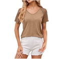 thumbnail image 1 of Lace Patchwork Short Sleeve V Neck Tops for Women Tunic Waist Hollow Out Solid Trendy Casual Pullovers Summer 2025 Khaki,XL, 1 of 5