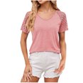 thumbnail image 1 of Lace Patchwork Short Sleeve V Neck Tops for Women Tunic Waist Hollow Out Solid Trendy Casual Pullovers Summer 2025 Pink,XL, 1 of 5