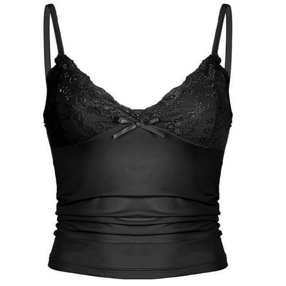 Lace Patchwork V Neck Crop Tanks Top for Women Spaghetti Straps Slim Fit Camisole Undershirt Lingerie for Night Out