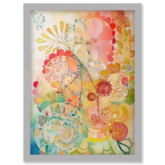 Lace Pattern Flower Blooms Folk Art Watercolour Painting Artwork Framed Wall Art Print A4