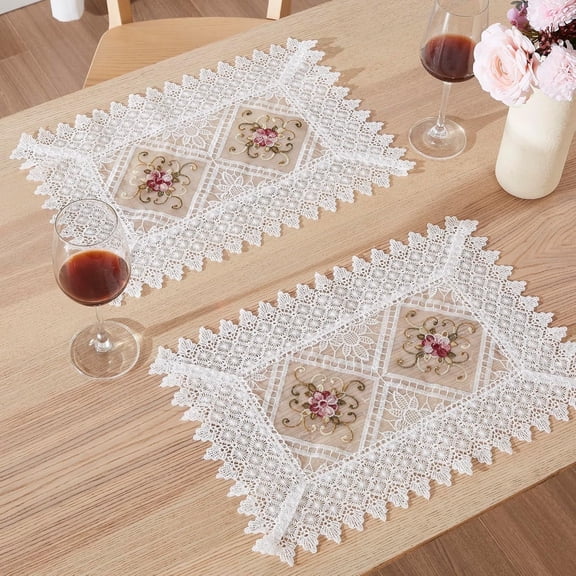 WARM HOME DESIGNS Lace Placemats Set of 2. 18 inch Table Place Mat Crochet Doilies are Embroidered with Intricate Flower Design. VTP White 18