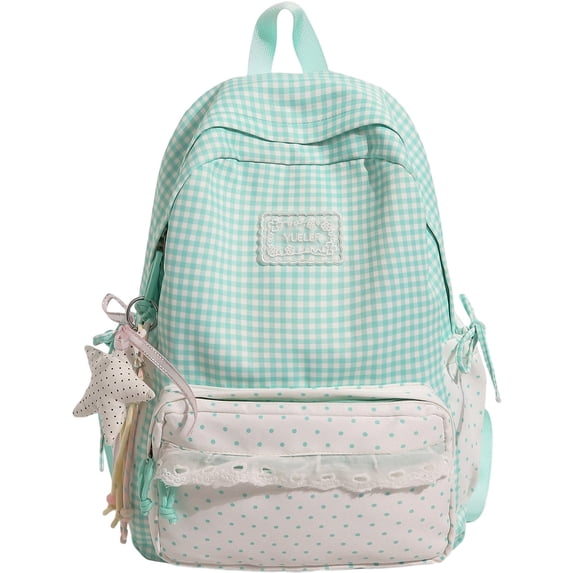 Lace Plaid Backpack, Mixed Pattern and Ribbon Bows, Spacious Lightweight Backpack for Commute Shopping, Lightweight study Bookbag with Front Zipper and Side Pockets, Green