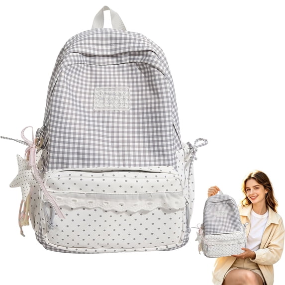 Lace Plaid Backpack, Mixed Pattern and Ribbon Bows, Spacious Lightweight Backpack for Commute Shopping, Lightweight study Bookbag with Front Zipper and Side Pockets, Grey