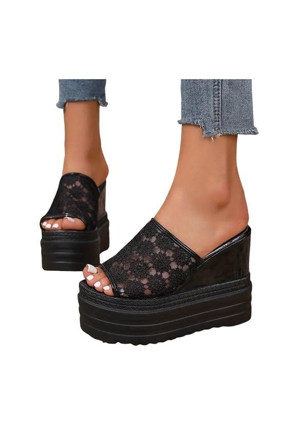 Lace Platform Slides Dress Sandals for Women 2025 Chunky Wedge Ultra High Heels Slip on Slippers
