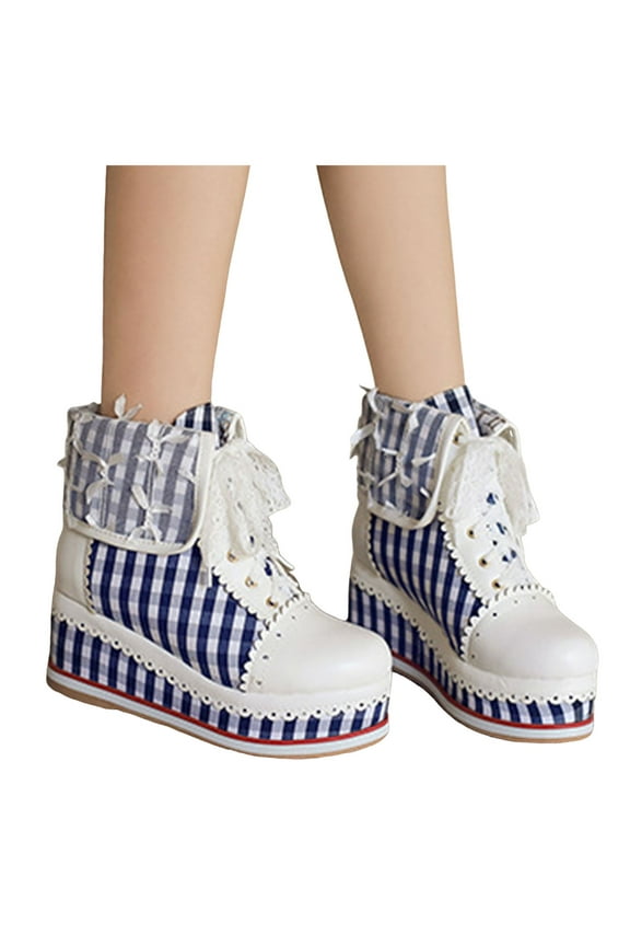 Lace Platform Wedge Combat Boots for Women Vintage Plaid Chunky High Top Fashion Sneakers Winter Fall Walking Ankle Booties