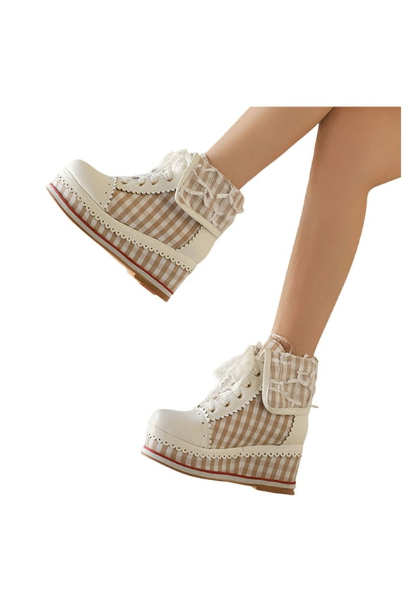 Lace Platform Wedge Combat Boots for Women Vintage Plaid Chunky High Top Fashion Sneakers Winter Fall Walking Ankle Booties