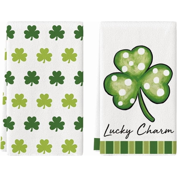 Lace Polka dot Clover Shamrock St.Patrick's Day Kitchen Dish Towels, 18x26 Inch Farmhouse Holiday Decoration Cleaning Set of 2