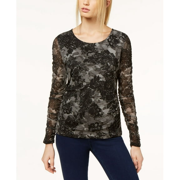 Lace Print Mesh Ruched Sleeve Top Olive XS