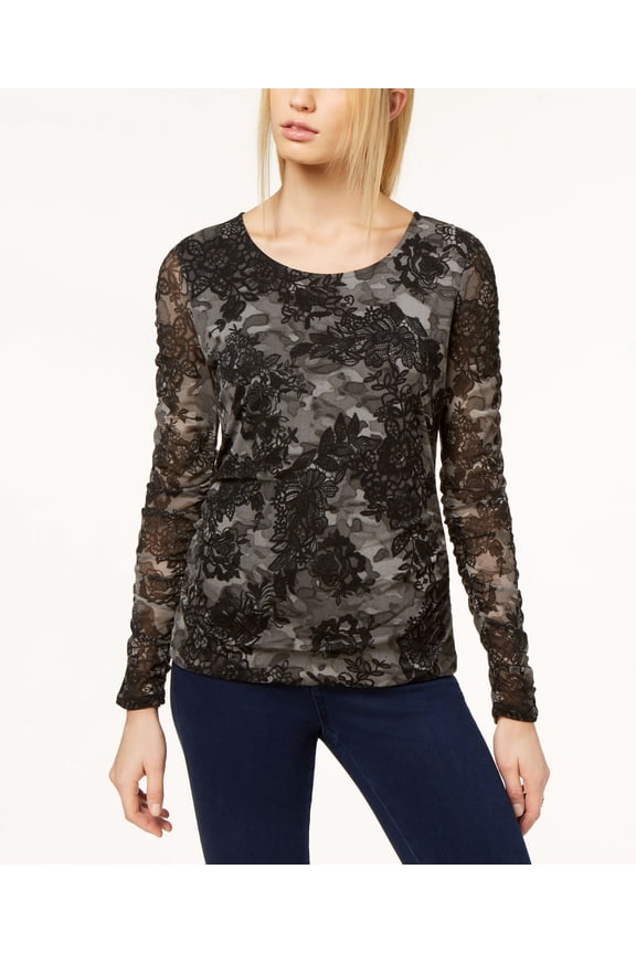 Lace Print Mesh Ruched Sleeve Top Olive XS