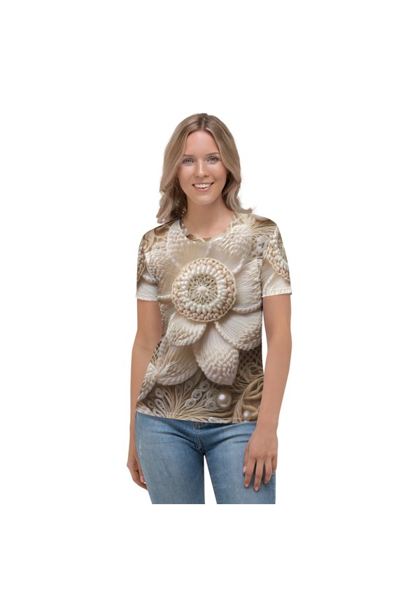 Lace Print Poly Shirt, Poly Shirt with Lace Print, Poly T-Shirt with Lace Print, Cream Lace Shirt 91