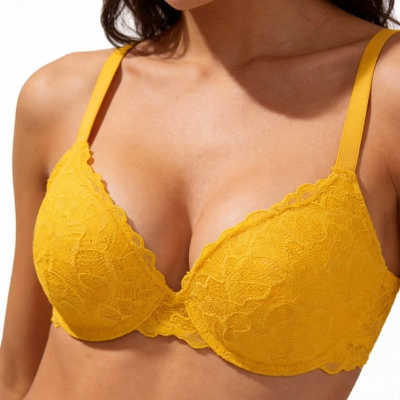Lace Push Up Bra For Lift Support Side Coverage Elegant Design Daily, 85C, Yellow