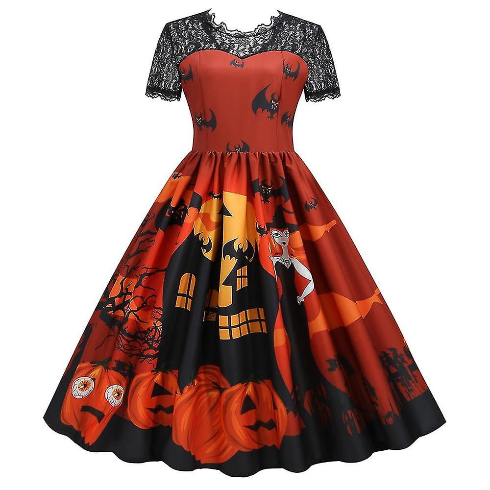 Lace Retro Halloween Dress Women Costumes Short Sleeve 50s 60s Vintage Party Dresses Skull Witch Scary Holloween Clothes Cosplay