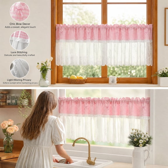 Lace Rod Pocket Short Half Window Curtain with Bow Decor Light Filtering Plaid Tier Curtain for Kitchen Sink Cabinet Small Window