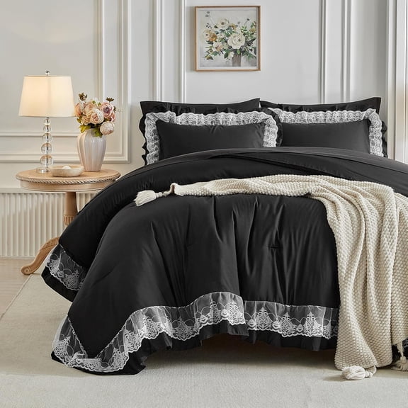Lace Ruffle Bed in a Bag Black, King Size Microfiber 7pcs Ruffled Comforter Sheet Set for Girls, Princess Style Vintage Boho Chic Bedding Comforter Set for All Season