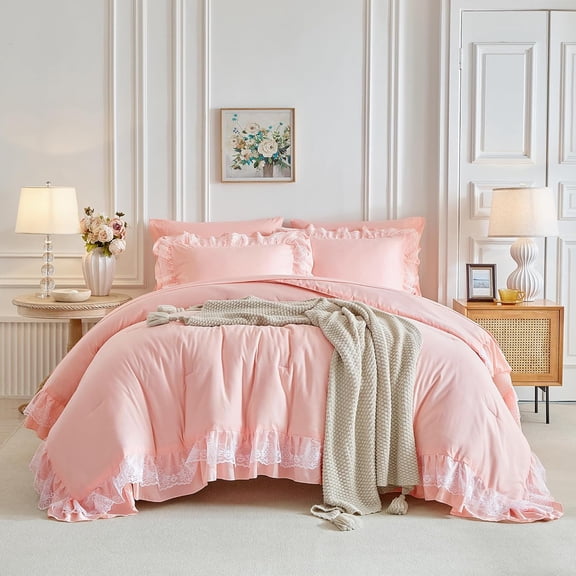 Lace Ruffle Bed in a Bag Pink, Queen Size Microfiber 7pcs Ruffled Comforter Sheet Set for Girls, Princess Style Vintage Boho Chic Bedding Comforter Set for All Season