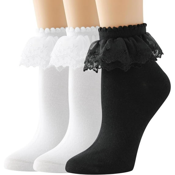 Lace Ruffle Frilly Ankle Socks for Women - Cotton Socks Double Layer Lace Socks