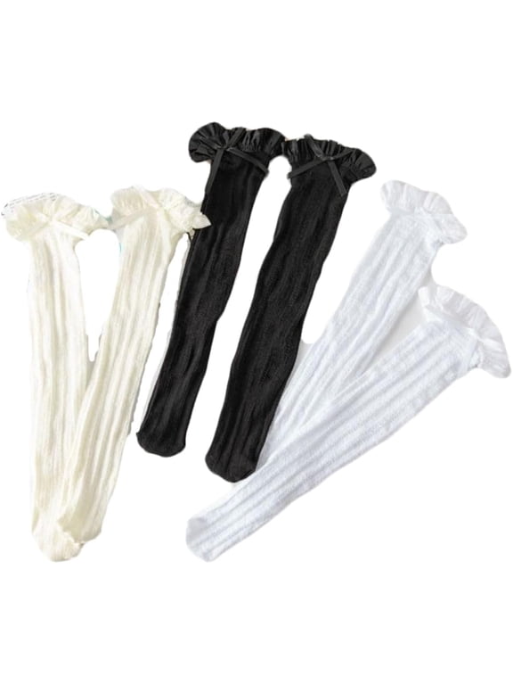 Lace Ruffle Knee High Socks Balletcore Bow Tie Nylon Stockings Japanese Style Women Set of 3