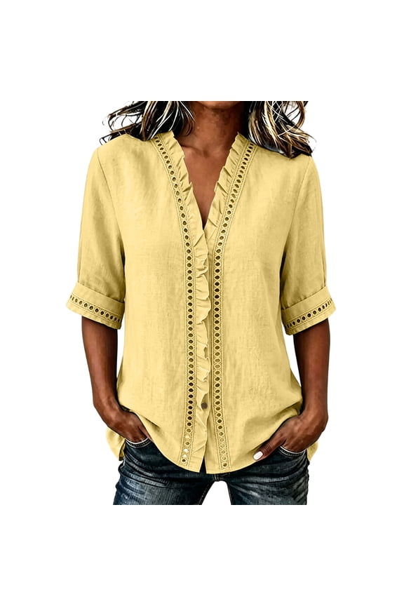 Lace Ruffle V Neck Shirts for Women Button Down 3/4 Sleeve Tee Breathable Casual Blouse Oversized Relaxed Tunic Lightweight Vacation Daily Top Soft Vacation Boho T-Shirts