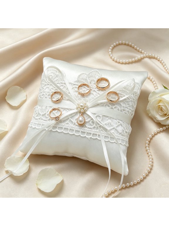 Ring Pillow Vintage Style Lace Satin with Ribbon Bow