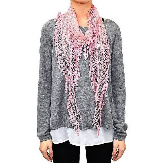 Lace Scarf with Flower Print & Melon Seed Fringe (Salmon)